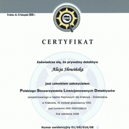 certyfikat Polskiego Stowarzyszenia Licencjonowanych Detektywów